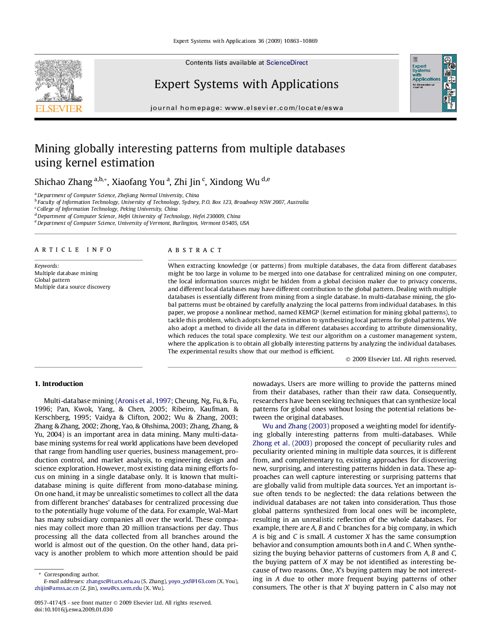 Mining globally interesting patterns from multiple databases using kernel estimation