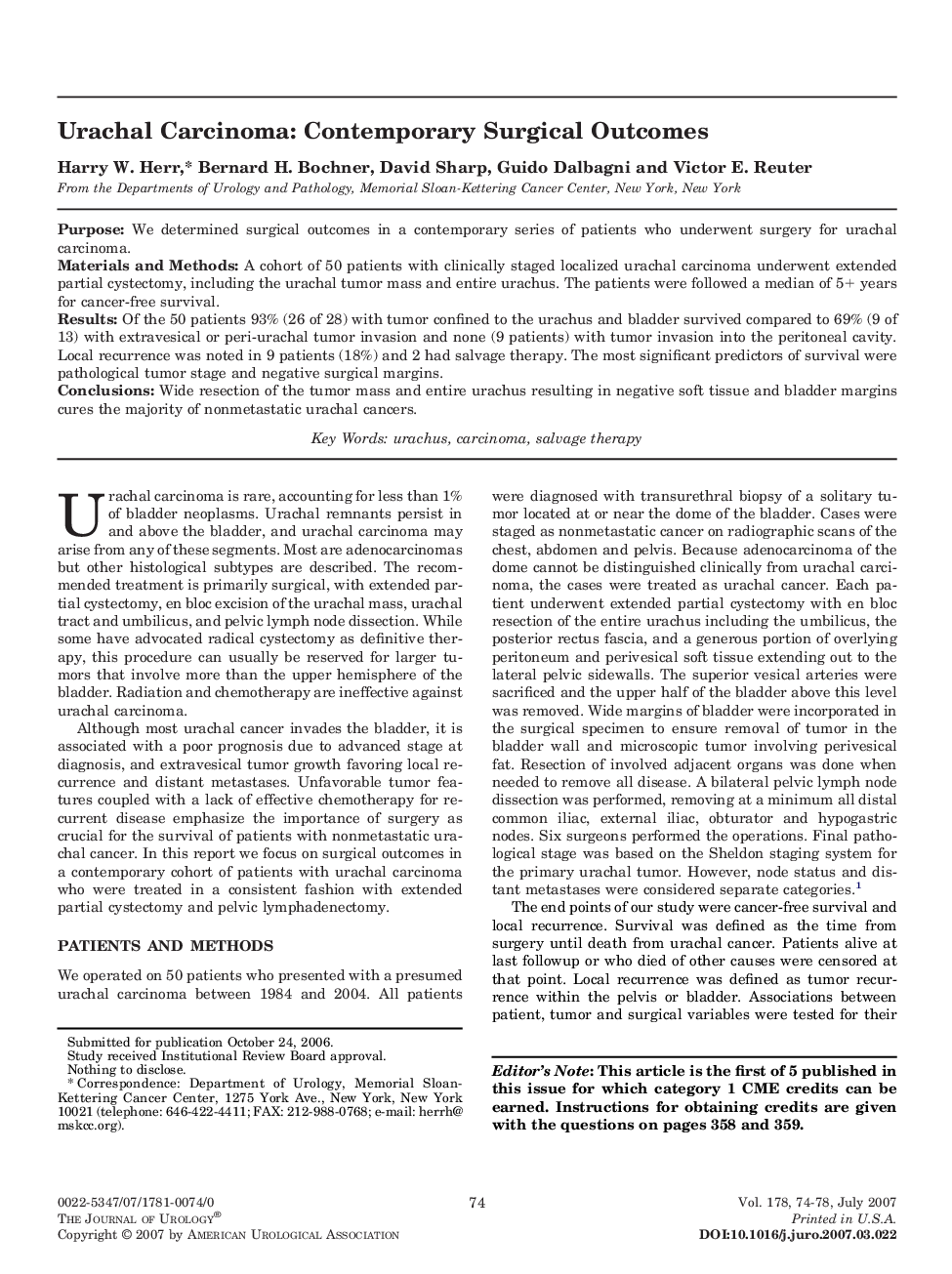 Urachal Carcinoma: Contemporary Surgical Outcomes 