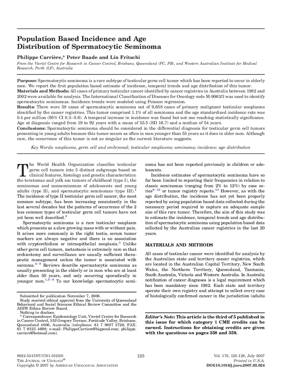 Population Based Incidence and Age Distribution of Spermatocytic Seminoma 