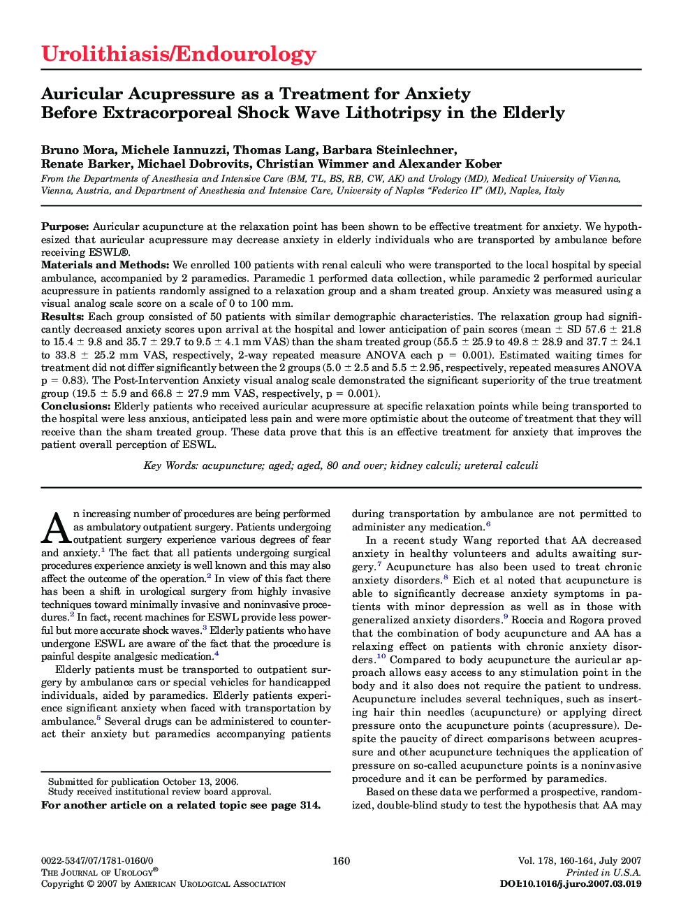 Auricular Acupressure as a Treatment for Anxiety Before Extracorporeal Shock Wave Lithotripsy in the Elderly