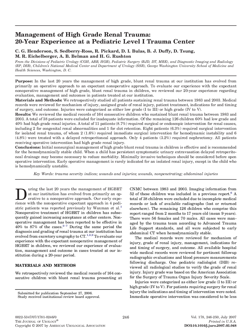 Management of High Grade Renal Trauma: 20-Year Experience at a Pediatric Level I Trauma Center 