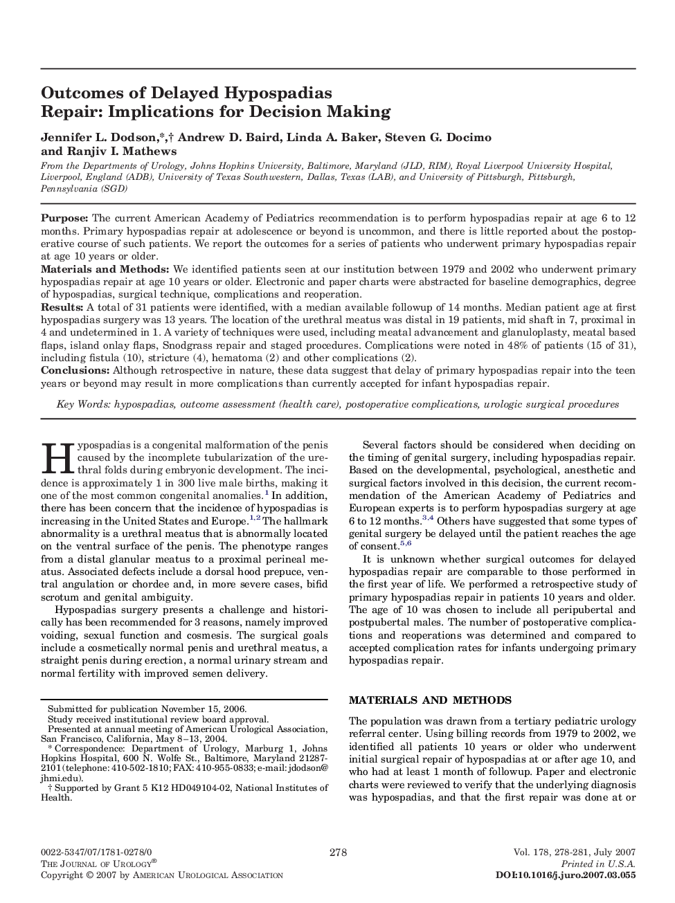 Outcomes of Delayed Hypospadias Repair: Implications for Decision Making 