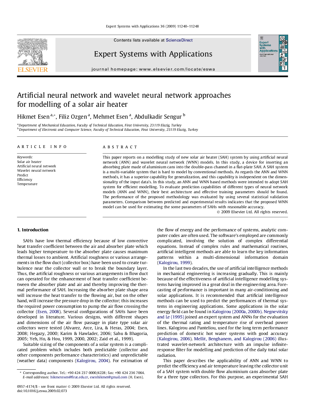 Artificial neural network and wavelet neural network approaches for modelling of a solar air heater