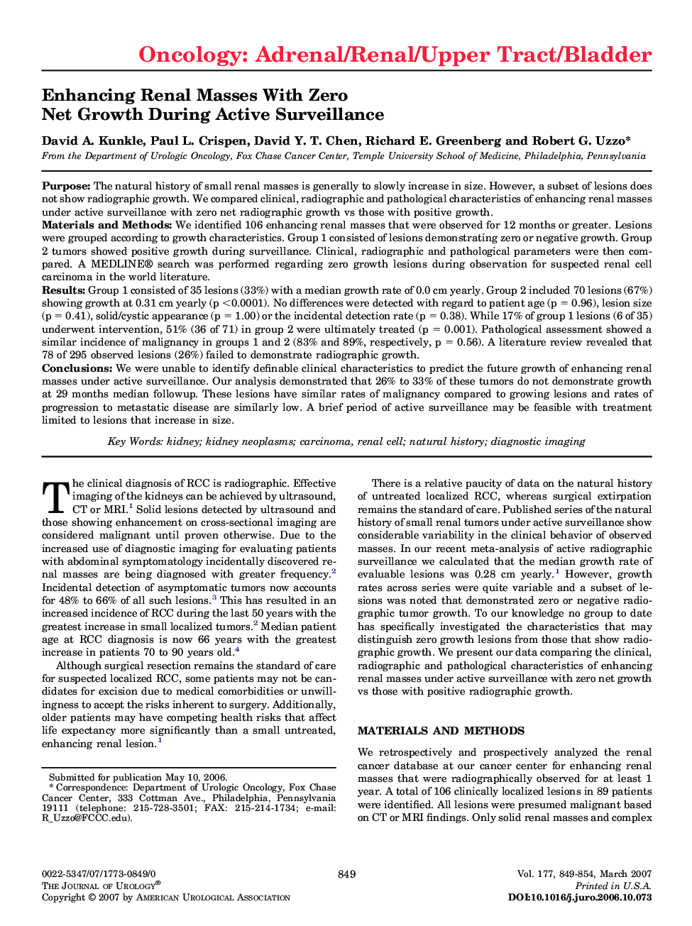 Enhancing Renal Masses With Zero Net Growth During Active Surveillance