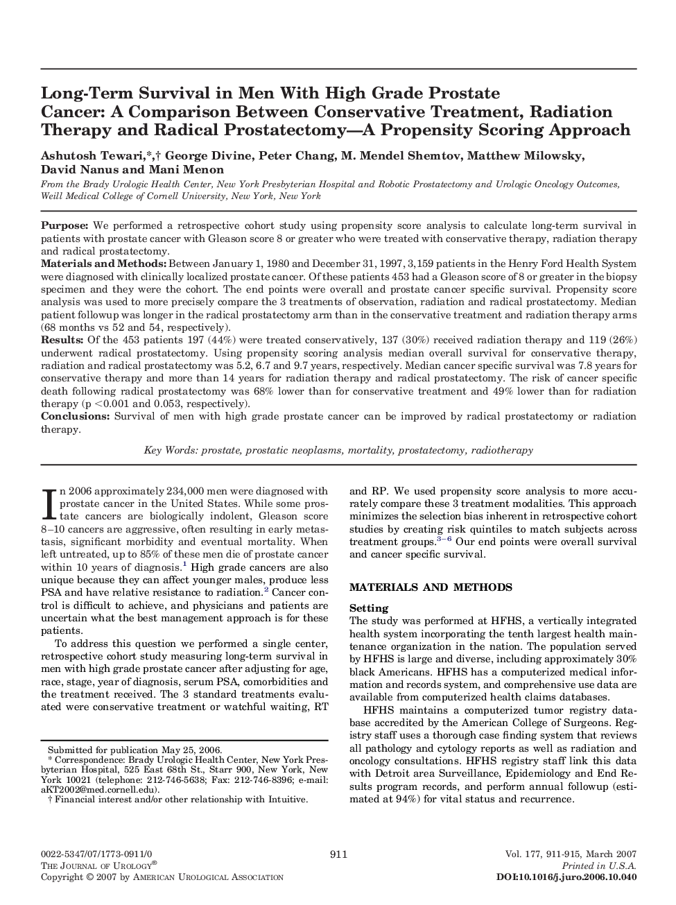 Long-Term Survival in Men With High Grade Prostate Cancer: A Comparison Between Conservative Treatment, Radiation Therapy and Radical Prostatectomy—A Propensity Scoring Approach