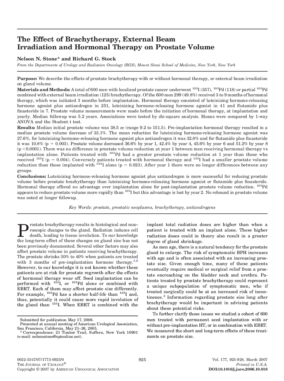 The Effect of Brachytherapy, External Beam Irradiation and Hormonal Therapy on Prostate Volume