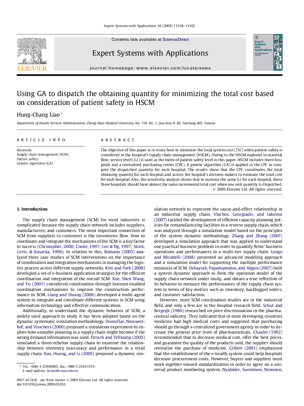 Using GA to dispatch the obtaining quantity for minimizing the total cost based on consideration of patient safety in HSCM