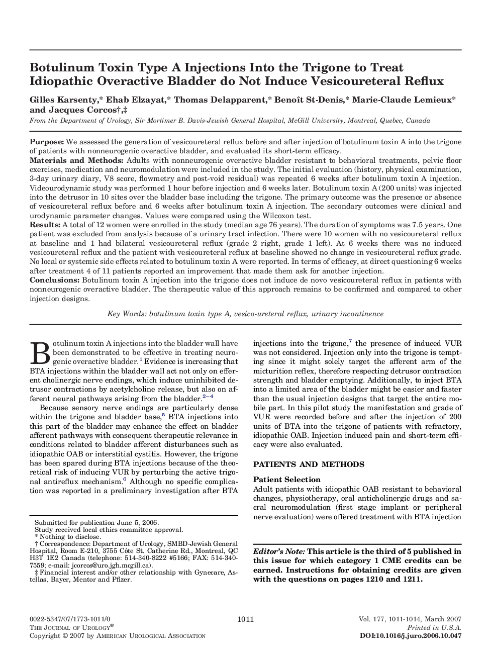 Botulinum Toxin Type A Injections Into the Trigone to Treat Idiopathic Overactive Bladder do Not Induce Vesicoureteral Reflux 