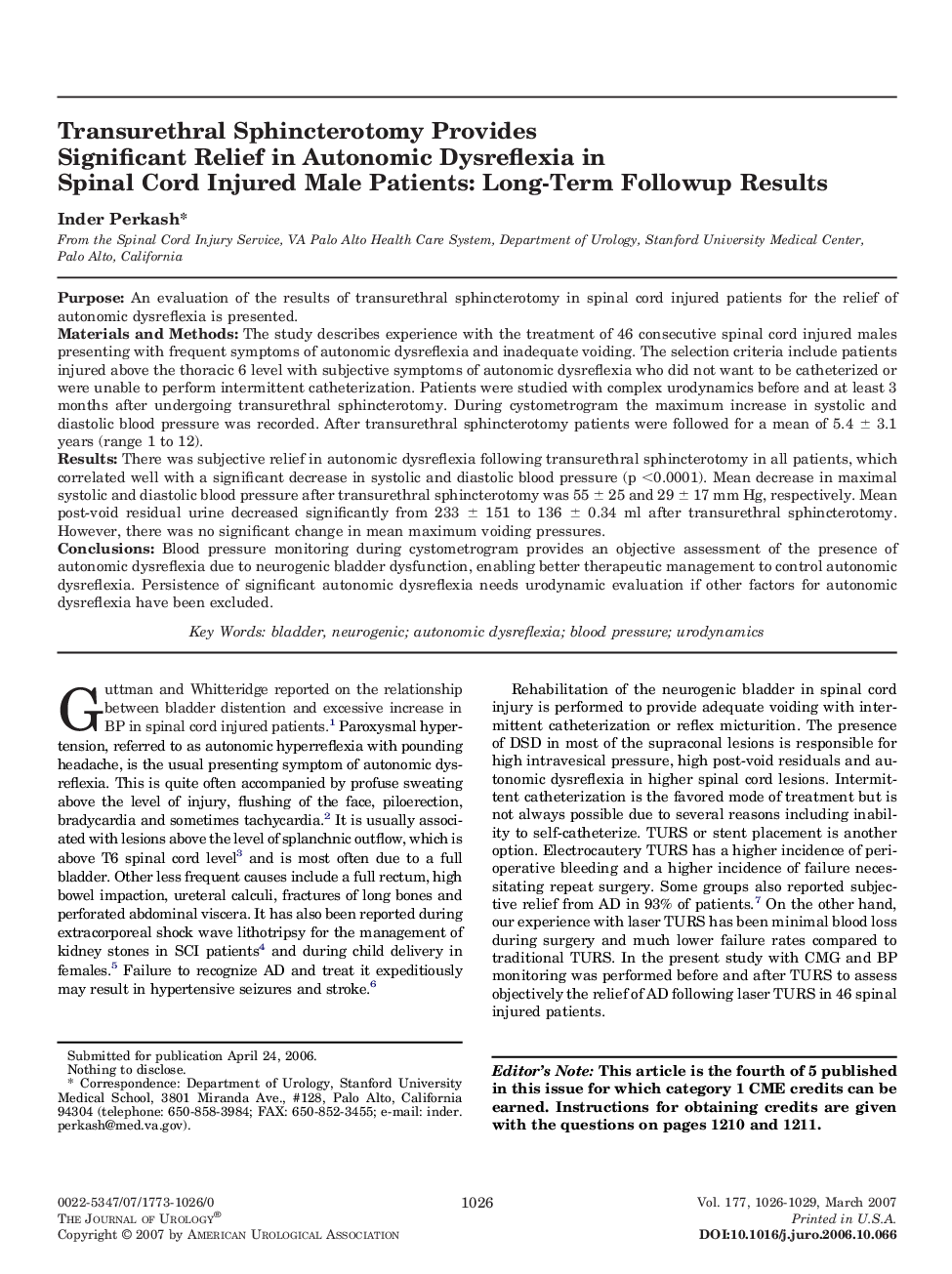 Transurethral Sphincterotomy Provides Significant Relief in Autonomic Dysreflexia in Spinal Cord Injured Male Patients: Long-Term Followup Results 