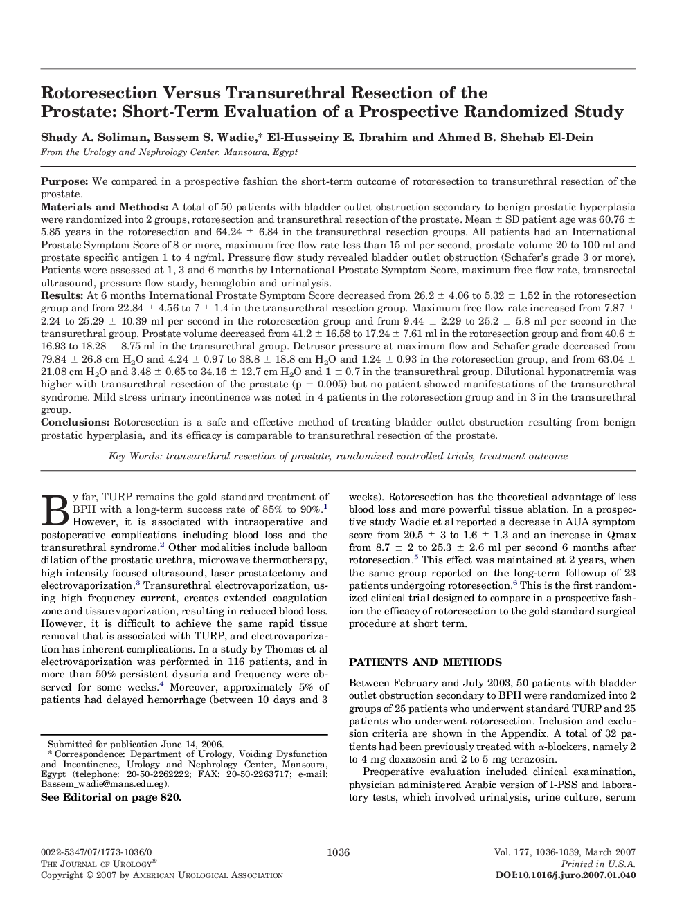 Rotoresection Versus Transurethral Resection of the Prostate: Short-Term Evaluation of a Prospective Randomized Study 