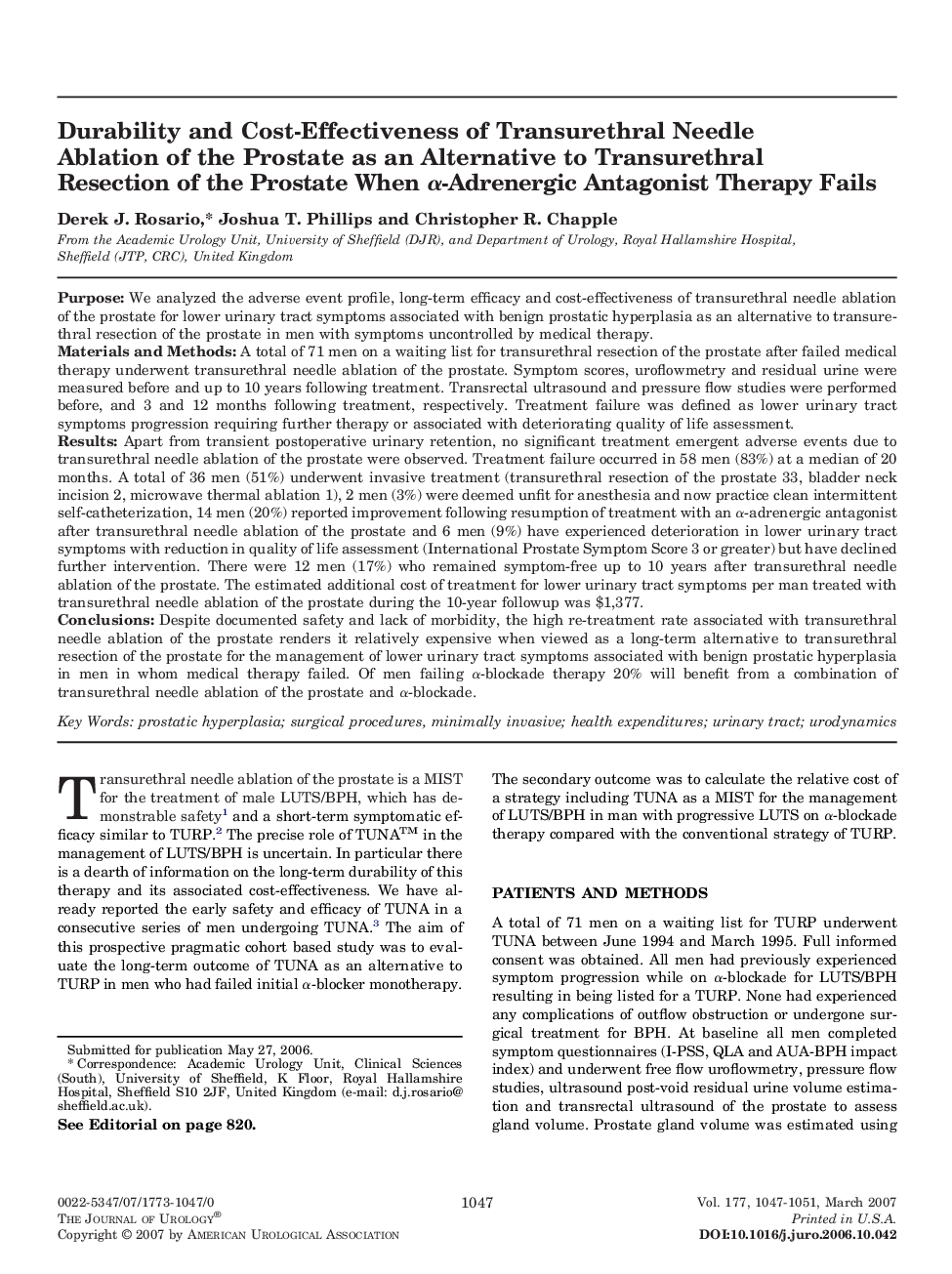 Durability and Cost-Effectiveness of Transurethral Needle Ablation of the Prostate as an Alternative to Transurethral Resection of the Prostate When α-Adrenergic Antagonist Therapy Fails 