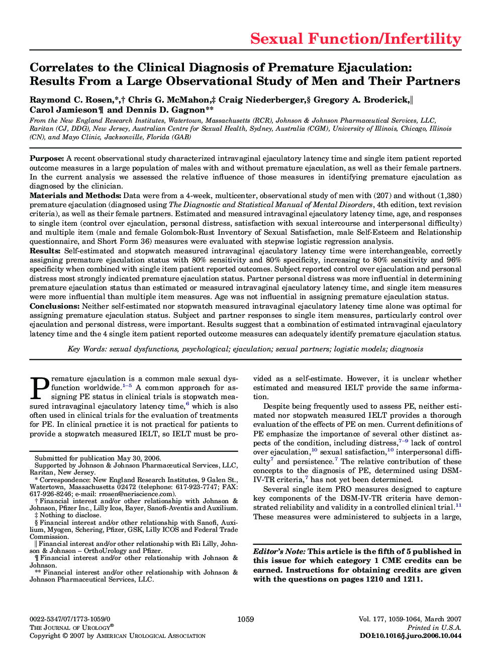 Correlates to the Clinical Diagnosis of Premature Ejaculation: Results From a Large Observational Study of Men and Their Partners 