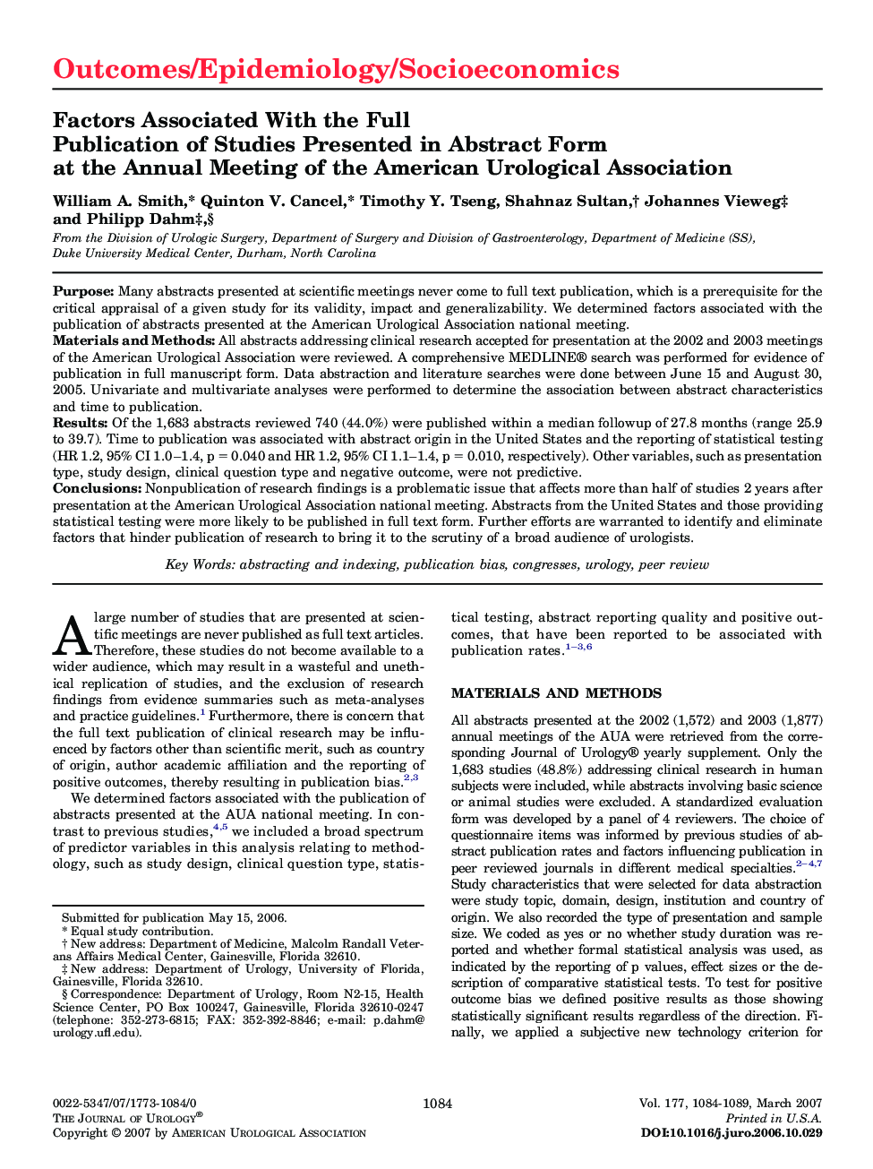 Factors Associated With the Full Publication of Studies Presented in Abstract Form at the Annual Meeting of the American Urological Association