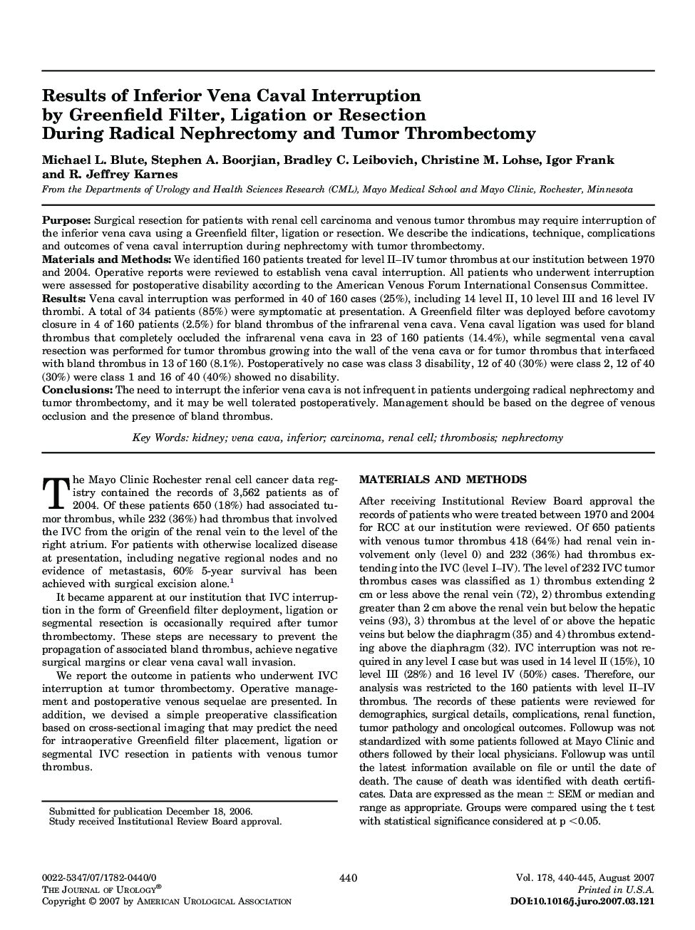 Results of Inferior Vena Caval Interruption by Greenfield Filter, Ligation or Resection During Radical Nephrectomy and Tumor Thrombectomy 