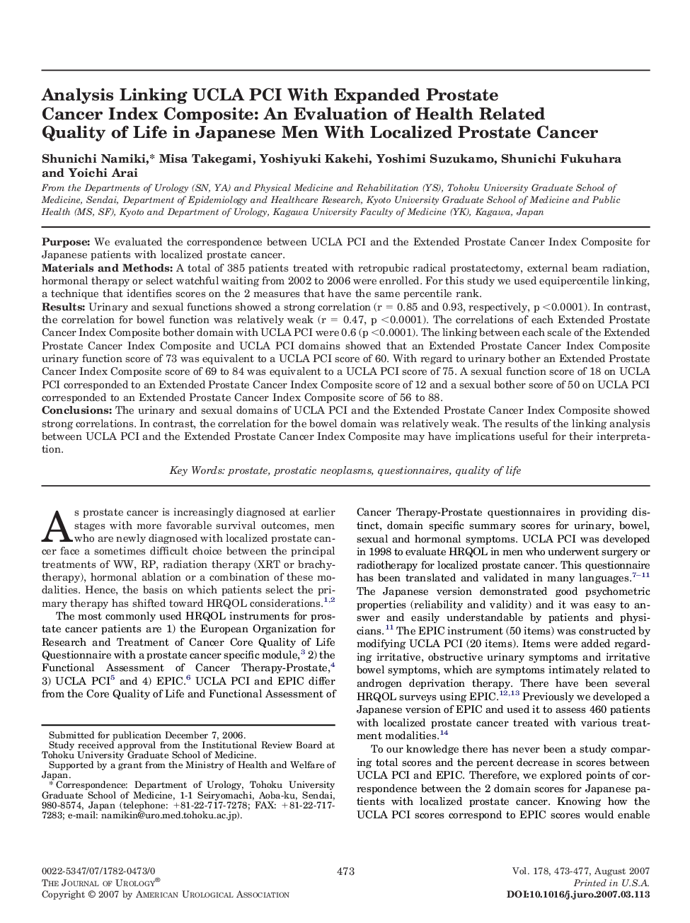 Analysis Linking UCLA PCI With Expanded Prostate Cancer Index Composite: An Evaluation of Health Related Quality of Life in Japanese Men With Localized Prostate Cancer 