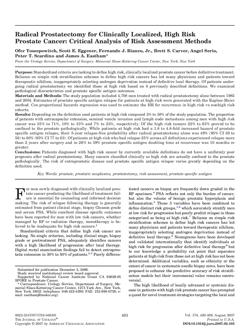 Radical Prostatectomy for Clinically Localized, High Risk Prostate Cancer: Critical Analysis of Risk Assessment Methods 