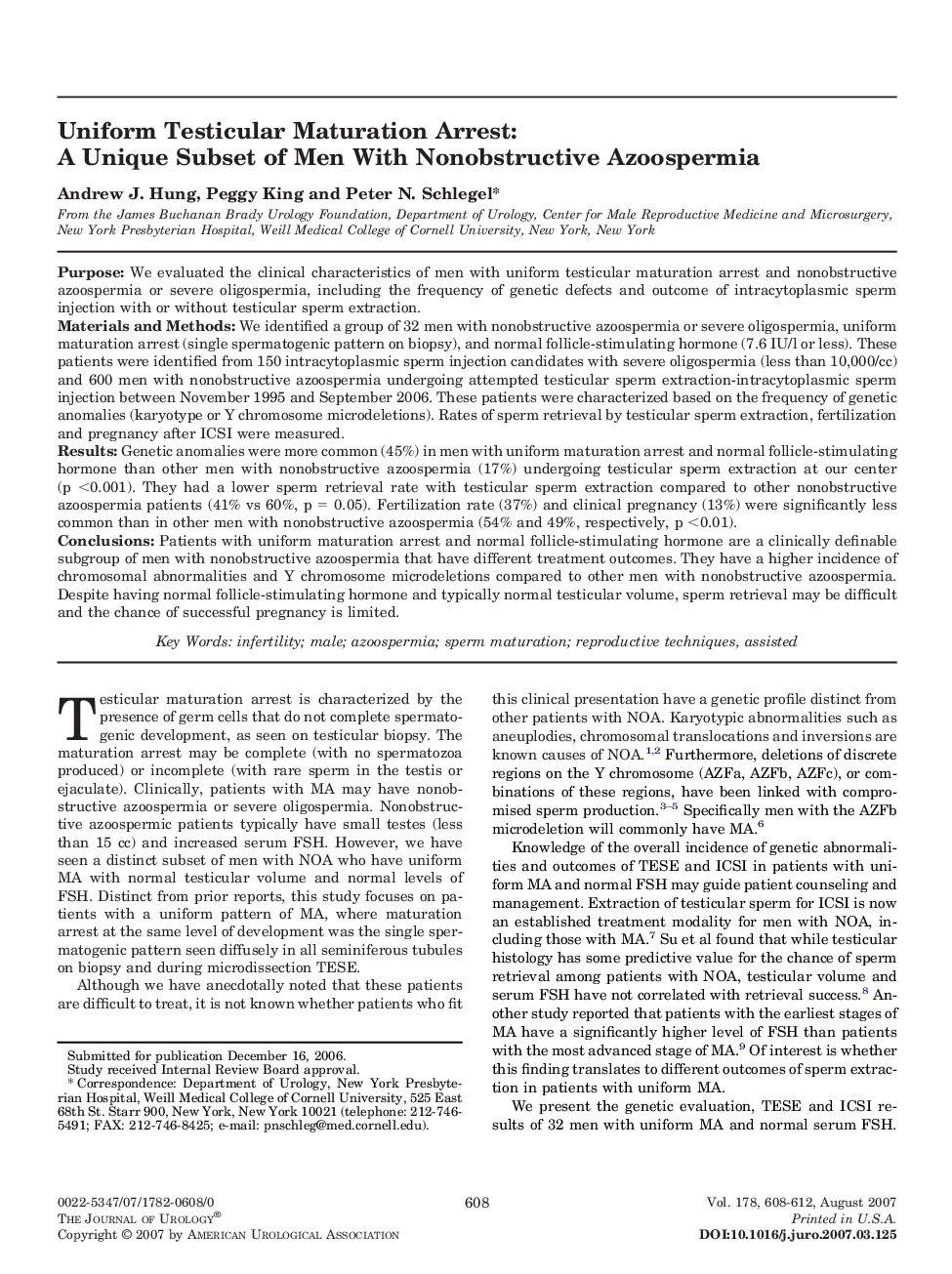 Uniform Testicular Maturation Arrest: A Unique Subset of Men With Nonobstructive Azoospermia 