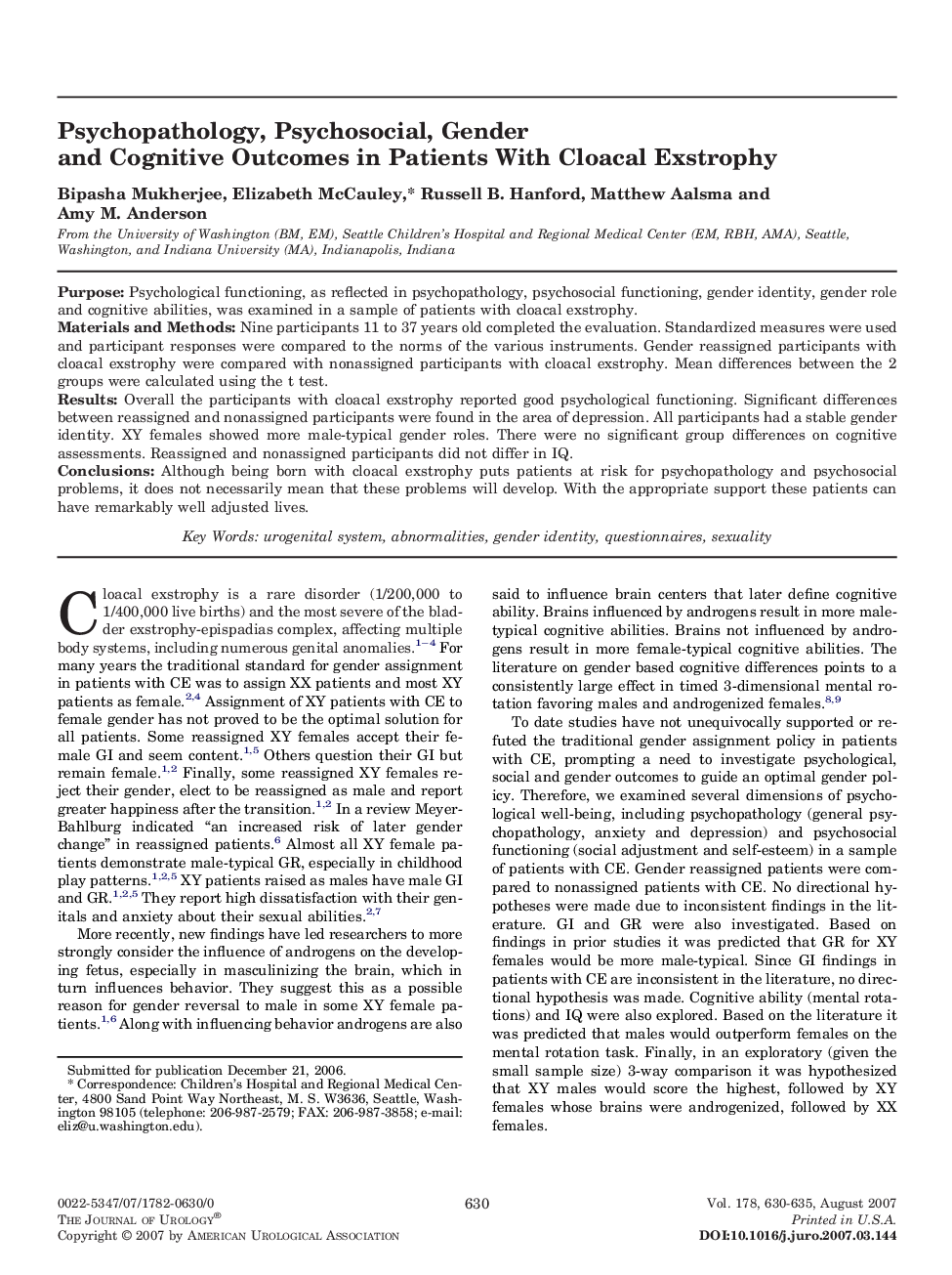 Psychopathology, Psychosocial, Gender and Cognitive Outcomes in Patients With Cloacal Exstrophy