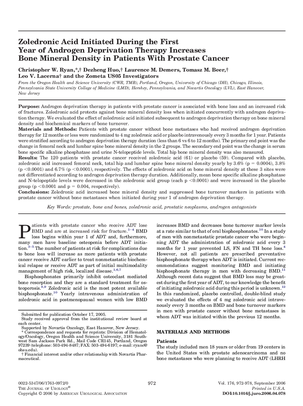 Zoledronic Acid Initiated During the First Year of Androgen Deprivation Therapy Increases Bone Mineral Density in Patients With Prostate Cancer 