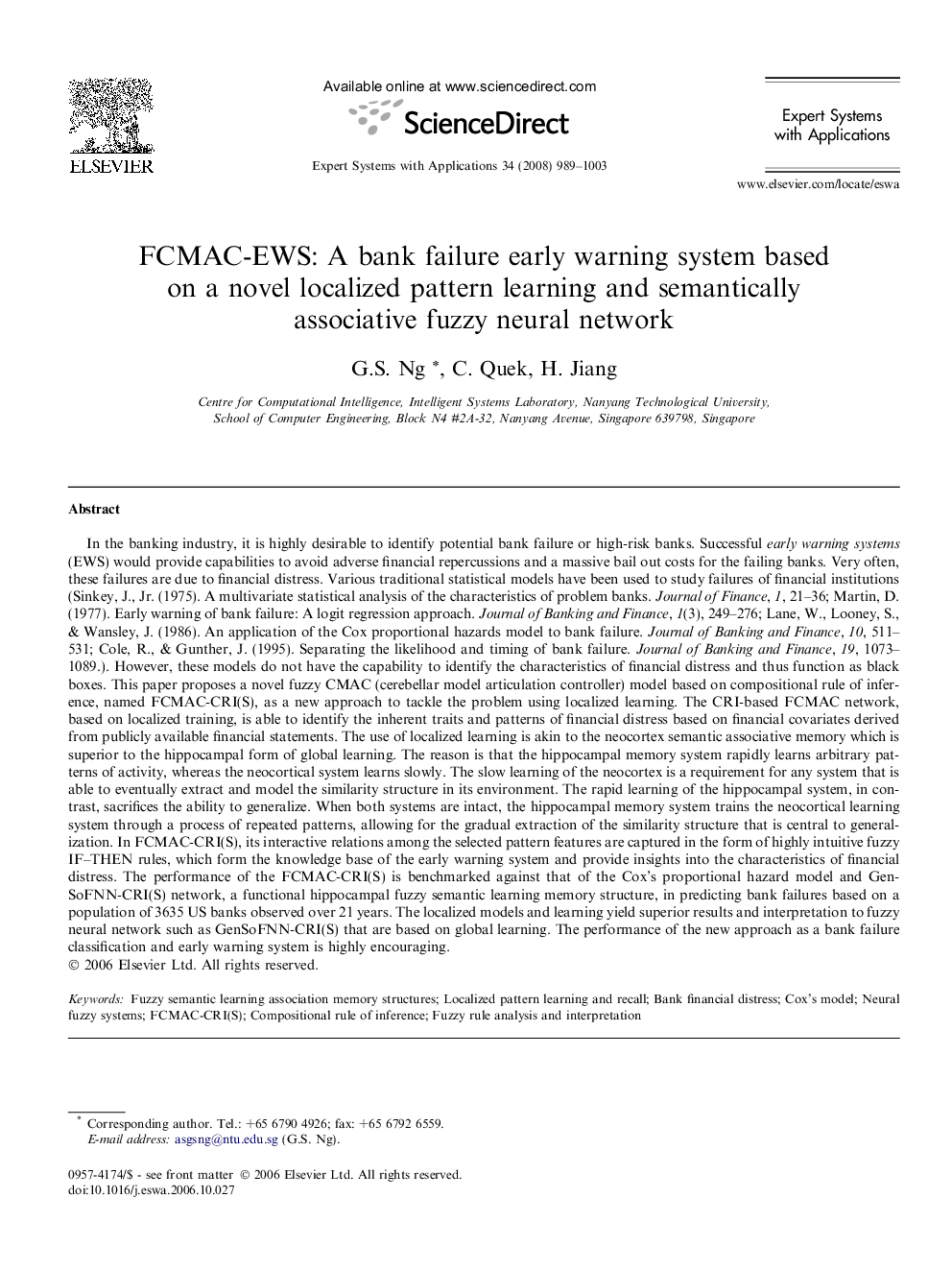 FCMAC-EWS: A bank failure early warning system based on a novel localized pattern learning and semantically associative fuzzy neural network