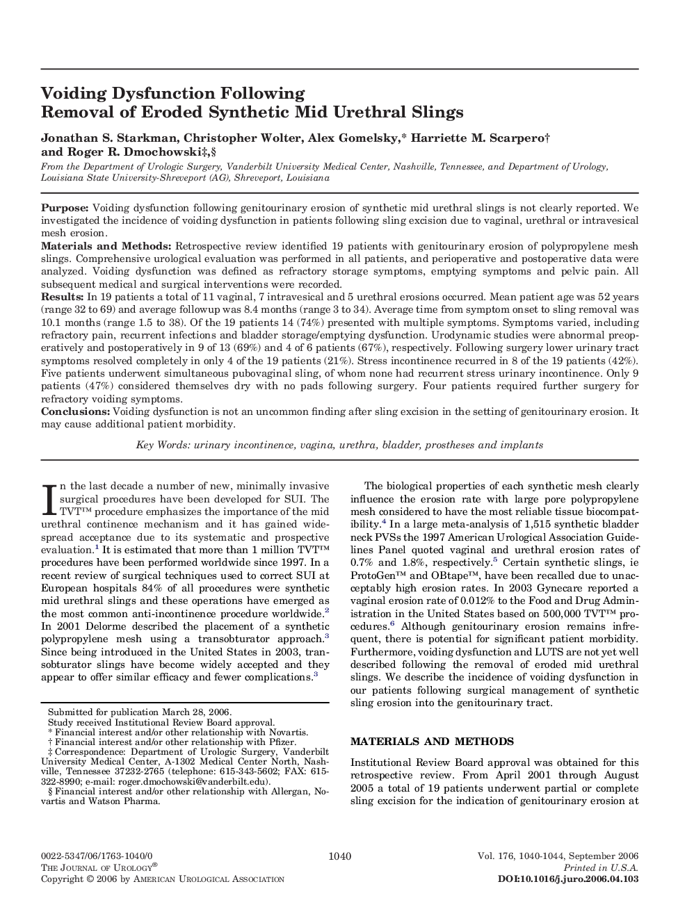 Voiding Dysfunction Following Removal of Eroded Synthetic Mid Urethral Slings