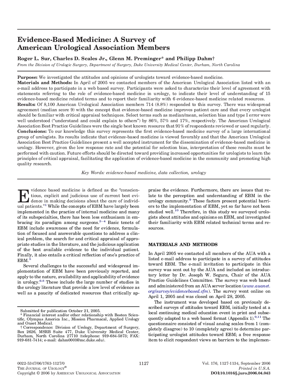 Evidence-Based Medicine: A Survey of American Urological Association Members