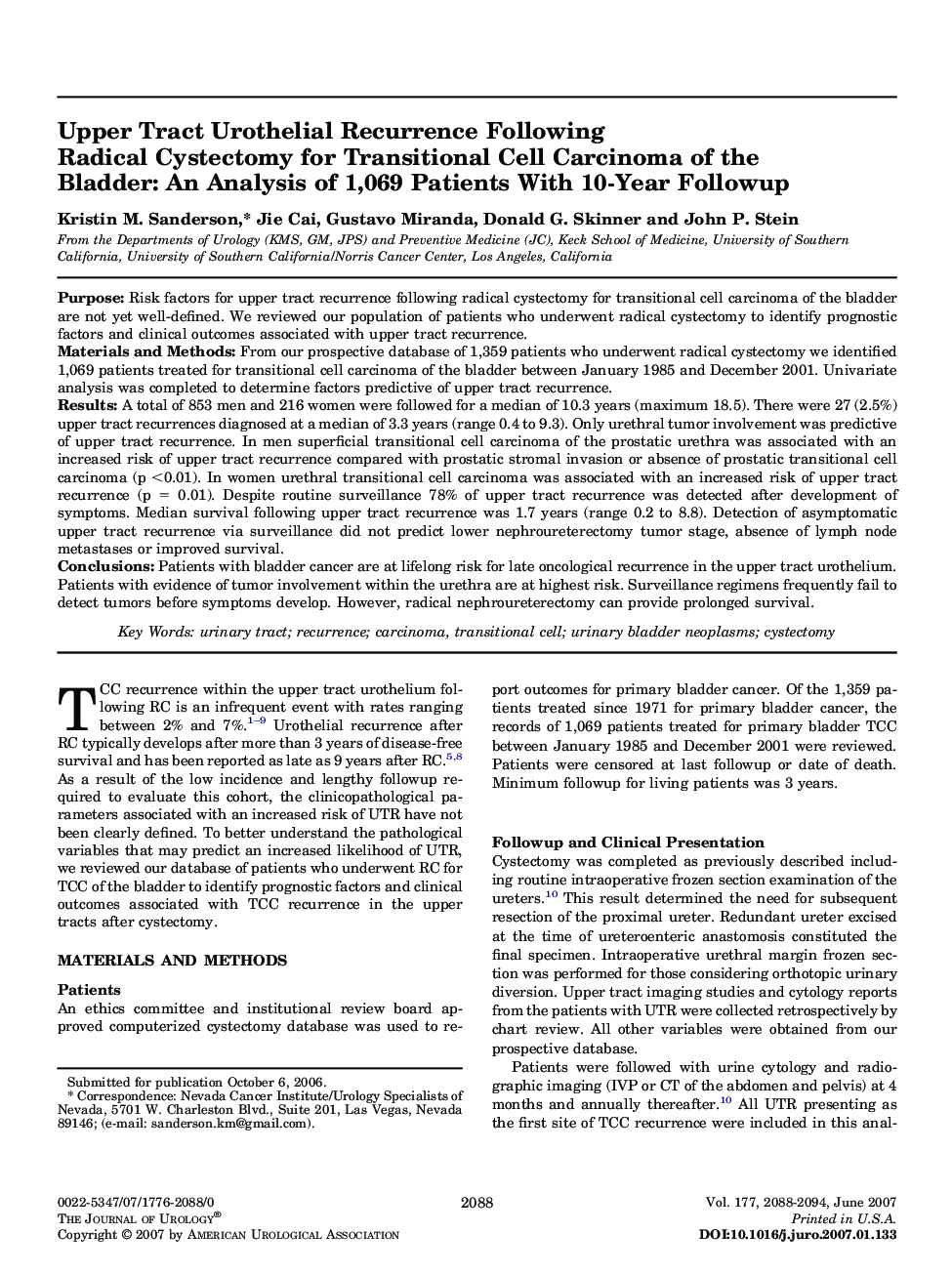 Upper Tract Urothelial Recurrence Following Radical Cystectomy for Transitional Cell Carcinoma of the Bladder: An Analysis of 1,069 Patients With 10-Year Followup