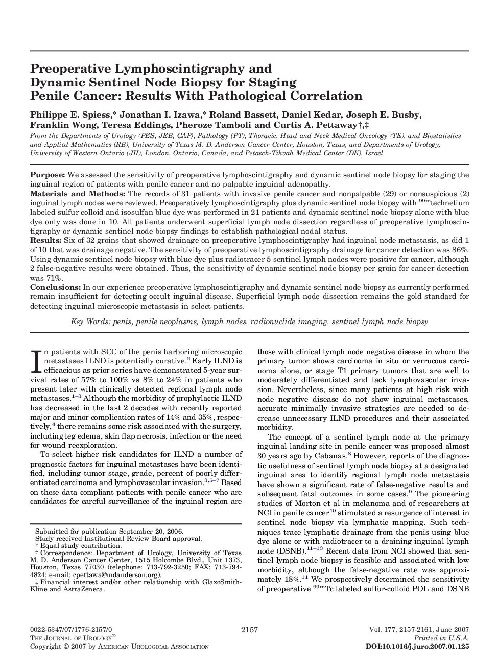 Preoperative Lymphoscintigraphy and Dynamic Sentinel Node Biopsy for Staging Penile Cancer: Results With Pathological Correlation