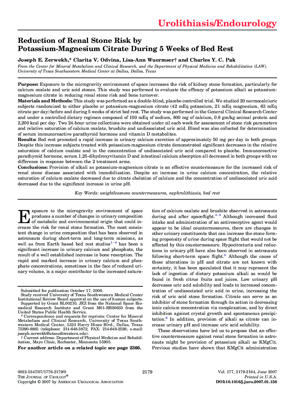 Reduction of Renal Stone Risk by Potassium-Magnesium Citrate During 5 Weeks of Bed Rest 