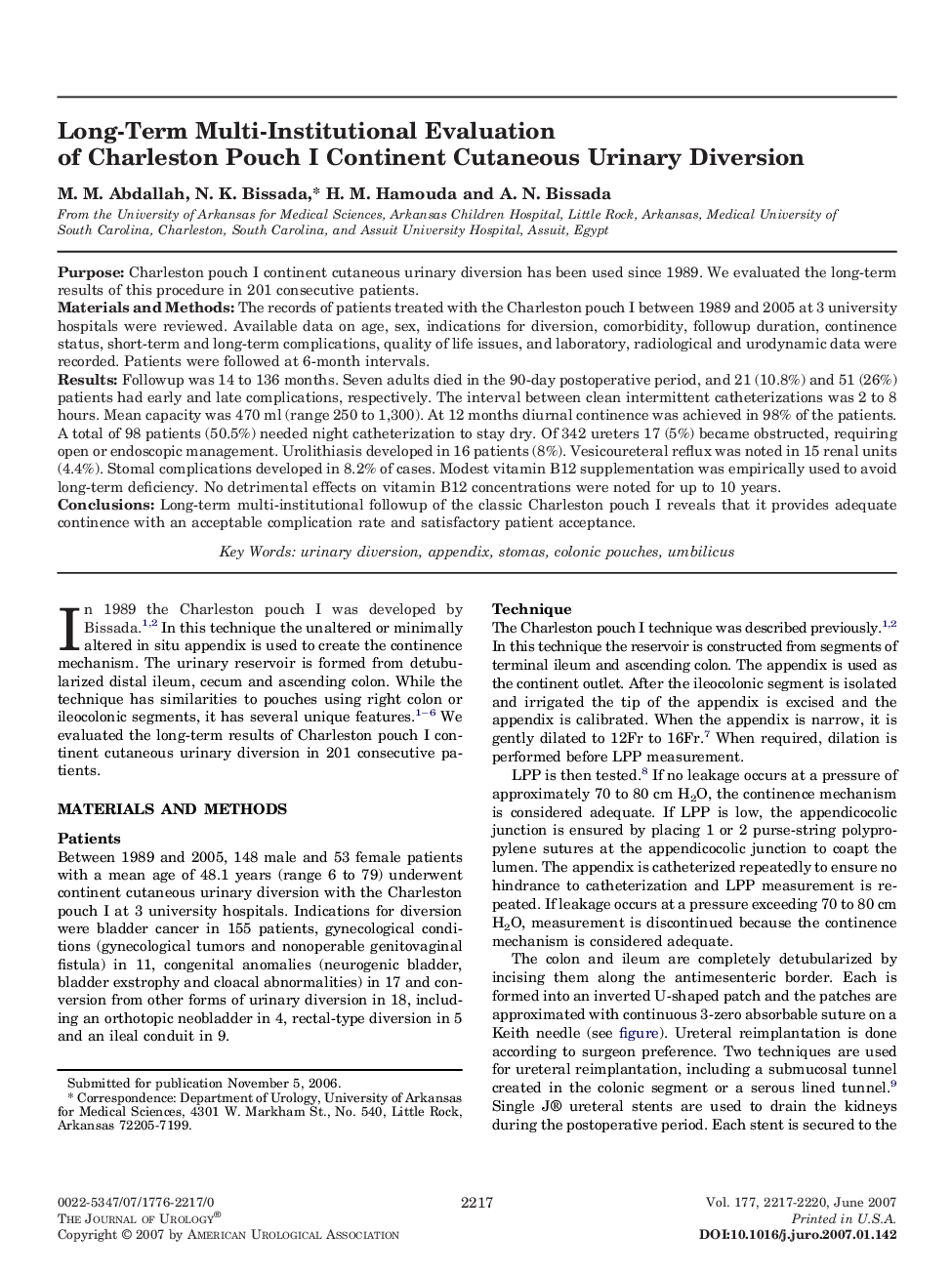 Long-Term Multi-Institutional Evaluation of Charleston Pouch I Continent Cutaneous Urinary Diversion