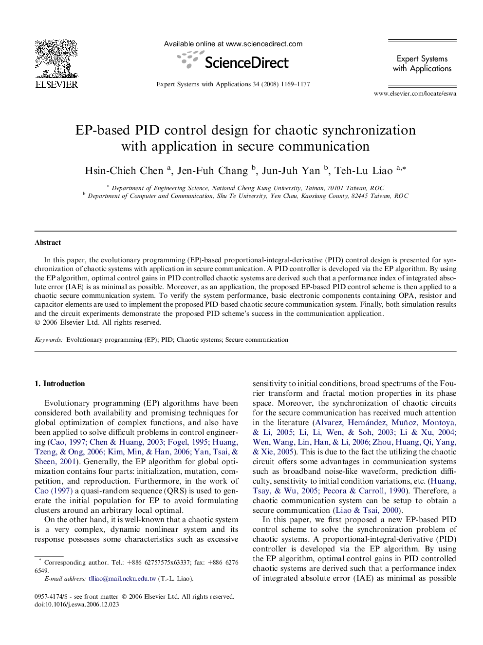 EP-based PID control design for chaotic synchronization with application in secure communication