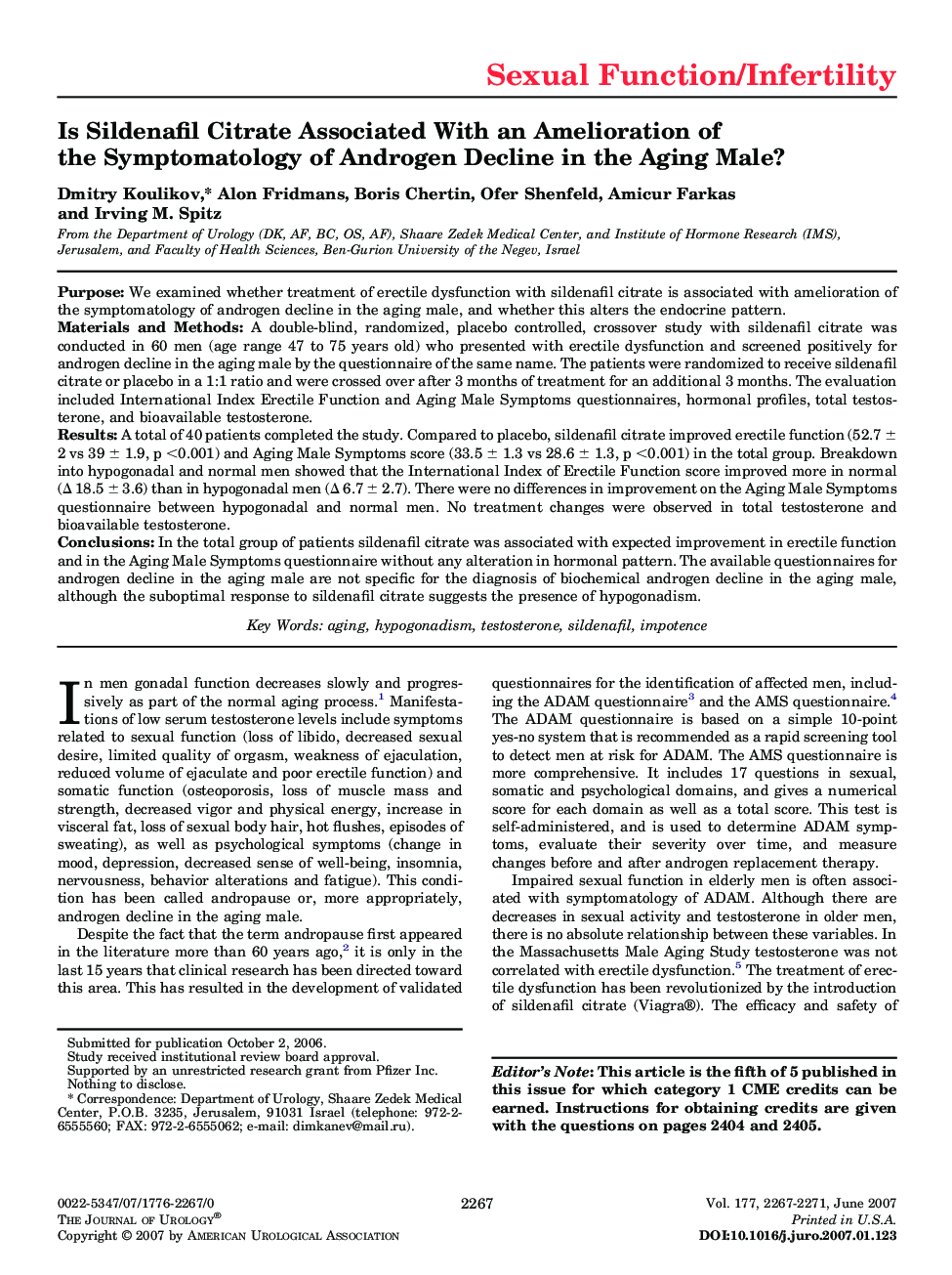 Is Sildenafil Citrate Associated With an Amelioration of the Symptomatology of Androgen Decline in the Aging Male? 