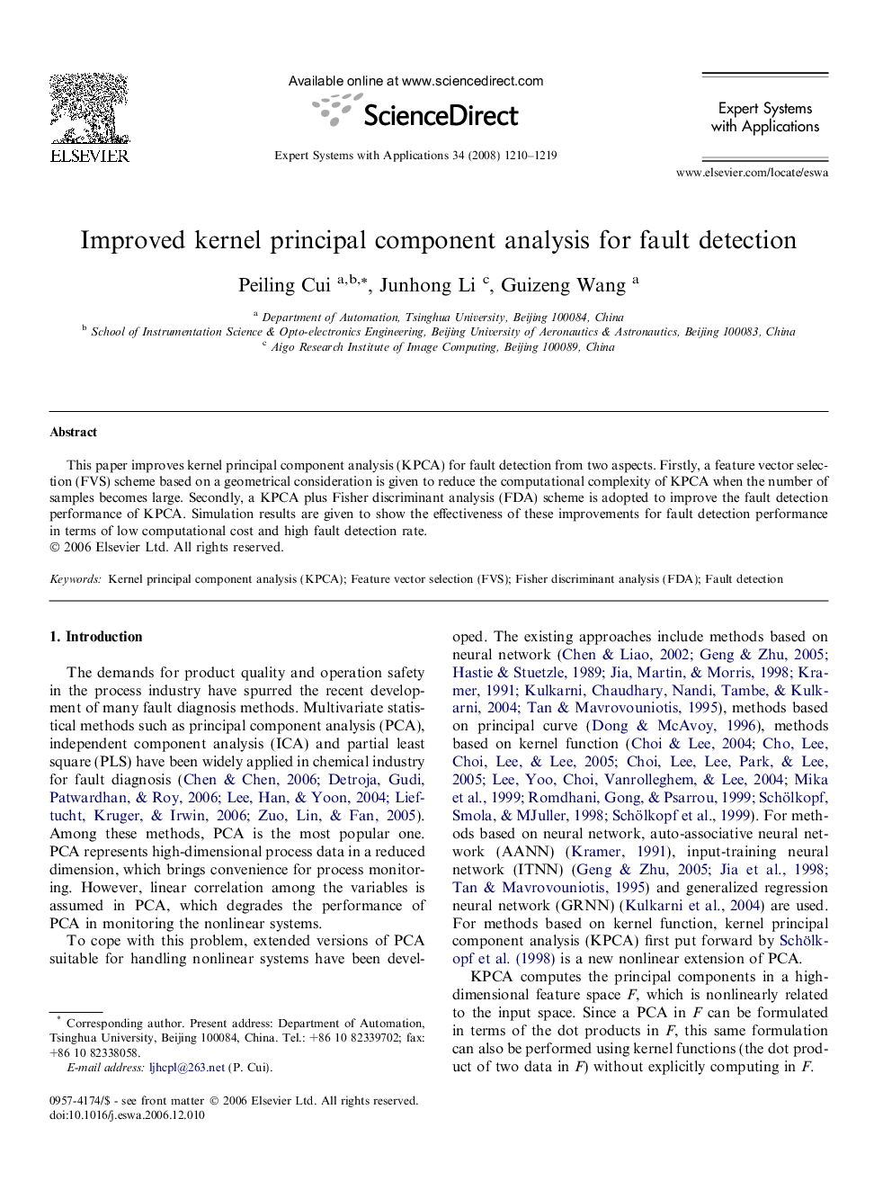 Improved kernel principal component analysis for fault detection