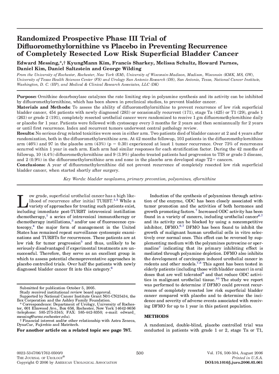 Randomized Prospective Phase III Trial of Difluoromethylornithine vs Placebo in Preventing Recurrence of Completely Resected Low Risk Superficial Bladder Cancer 