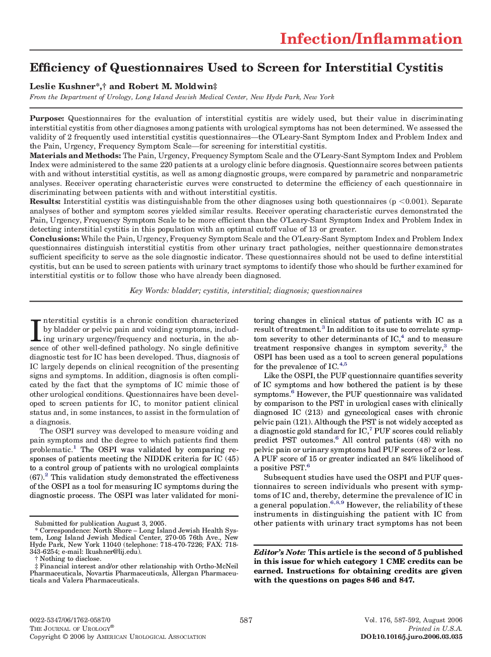 Efficiency of Questionnaires Used to Screen for Interstitial Cystitis 