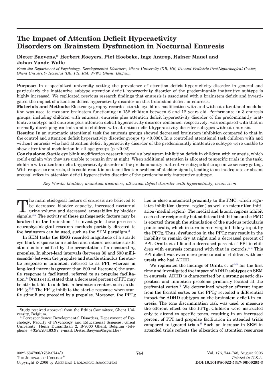 The Impact of Attention Deficit Hyperactivity Disorders on Brainstem Dysfunction in Nocturnal Enuresis 