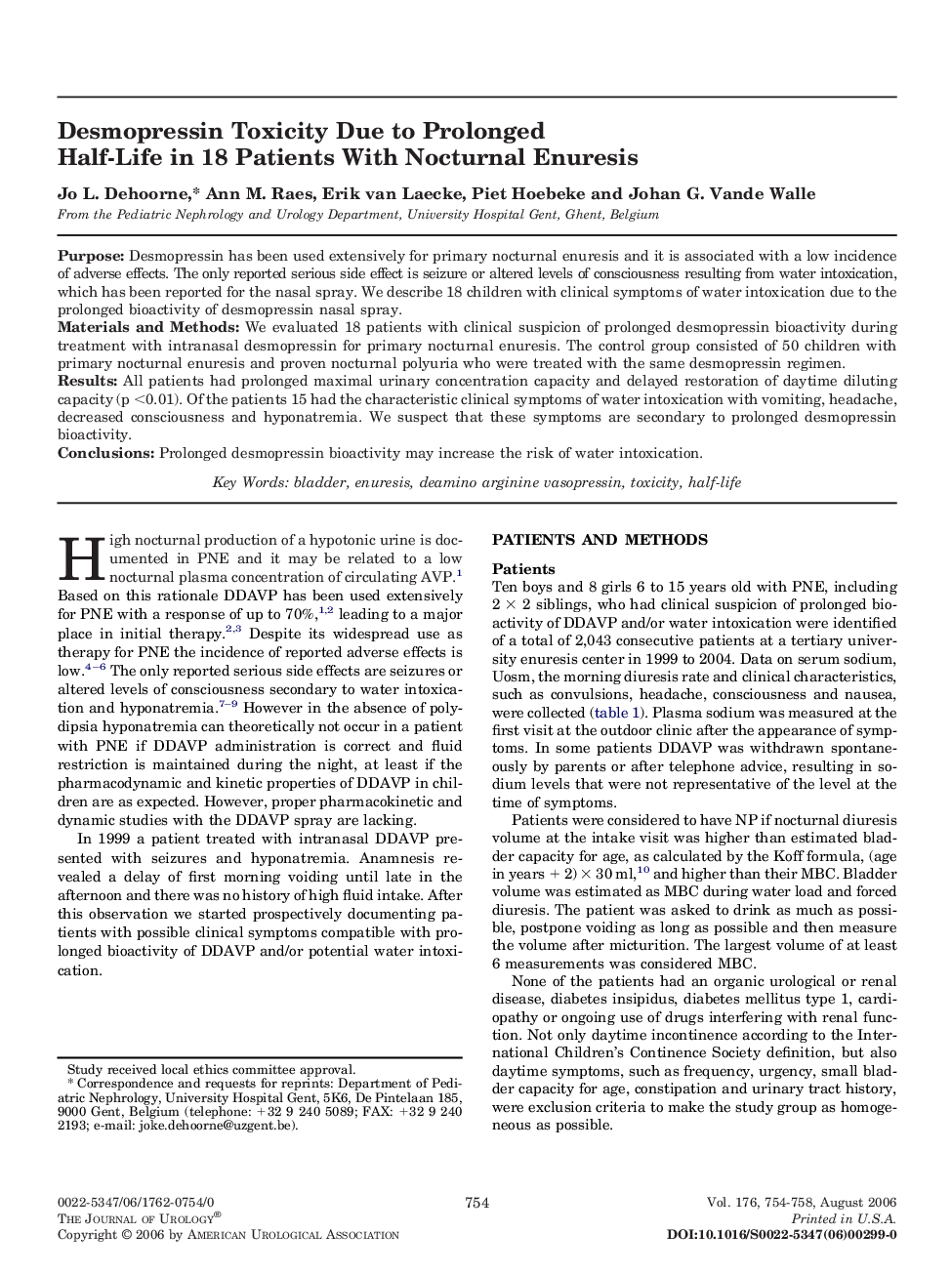 Desmopressin Toxicity Due to Prolonged Half-Life in 18 Patients With Nocturnal Enuresis 