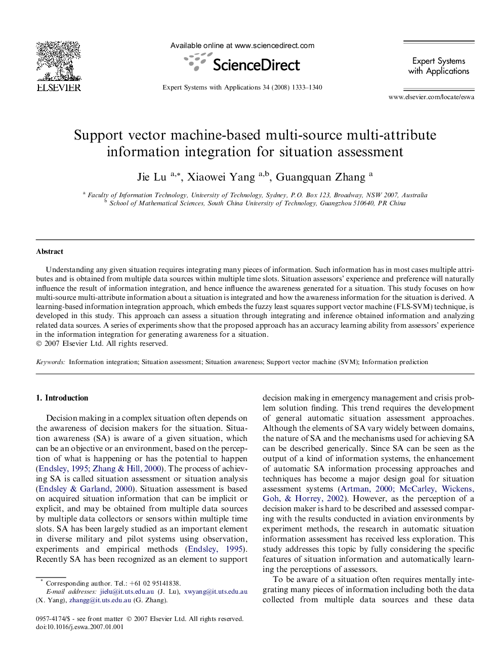 عکس صفحه اول مقاله: Support vector machine-based multi-source multi-attribute information integration for situation assessment Support vector machine-based multi-source multi-attribute information integration for situation assessment