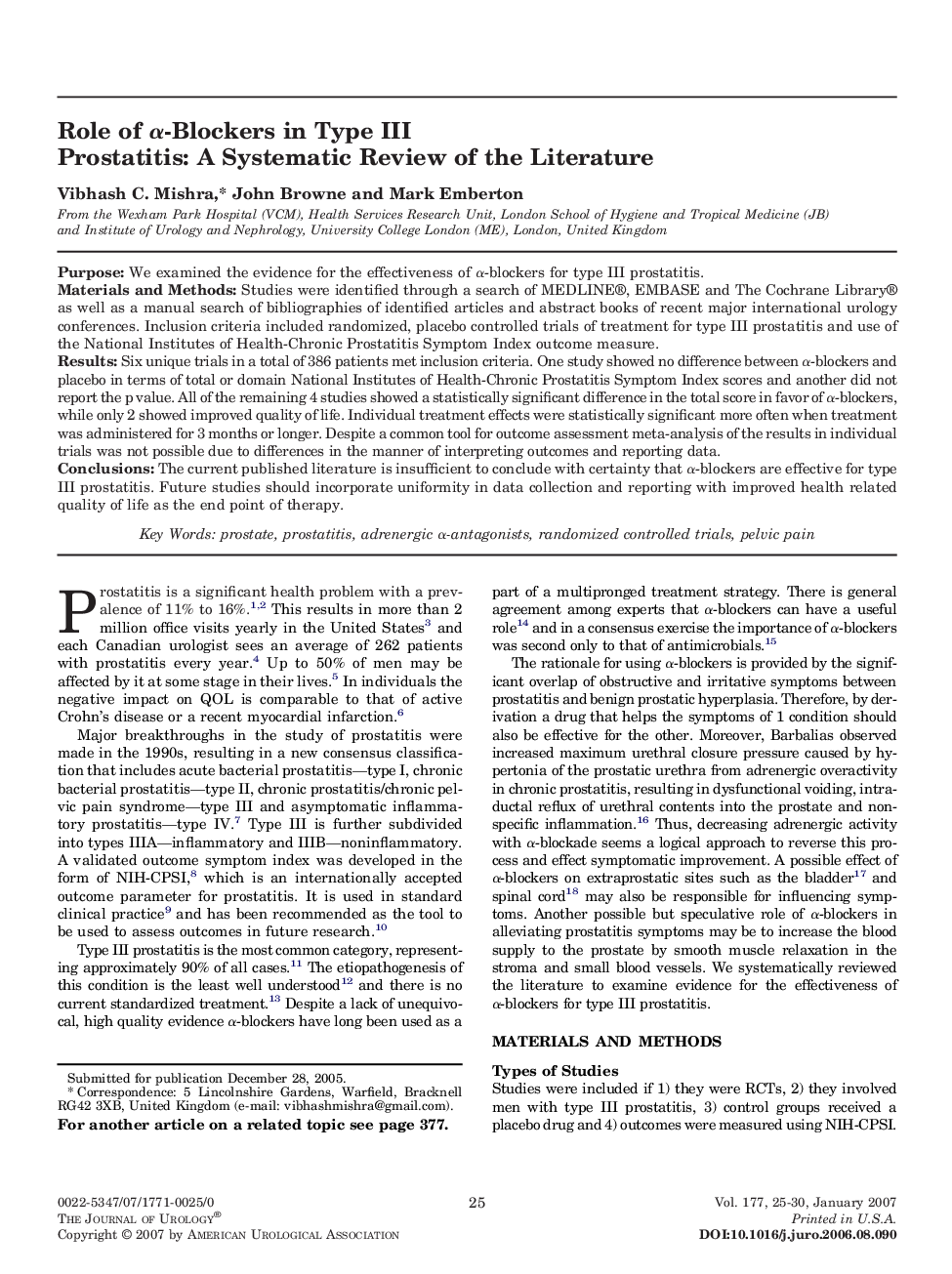 Role of α-Blockers in Type III Prostatitis: A Systematic Review of the Literature 