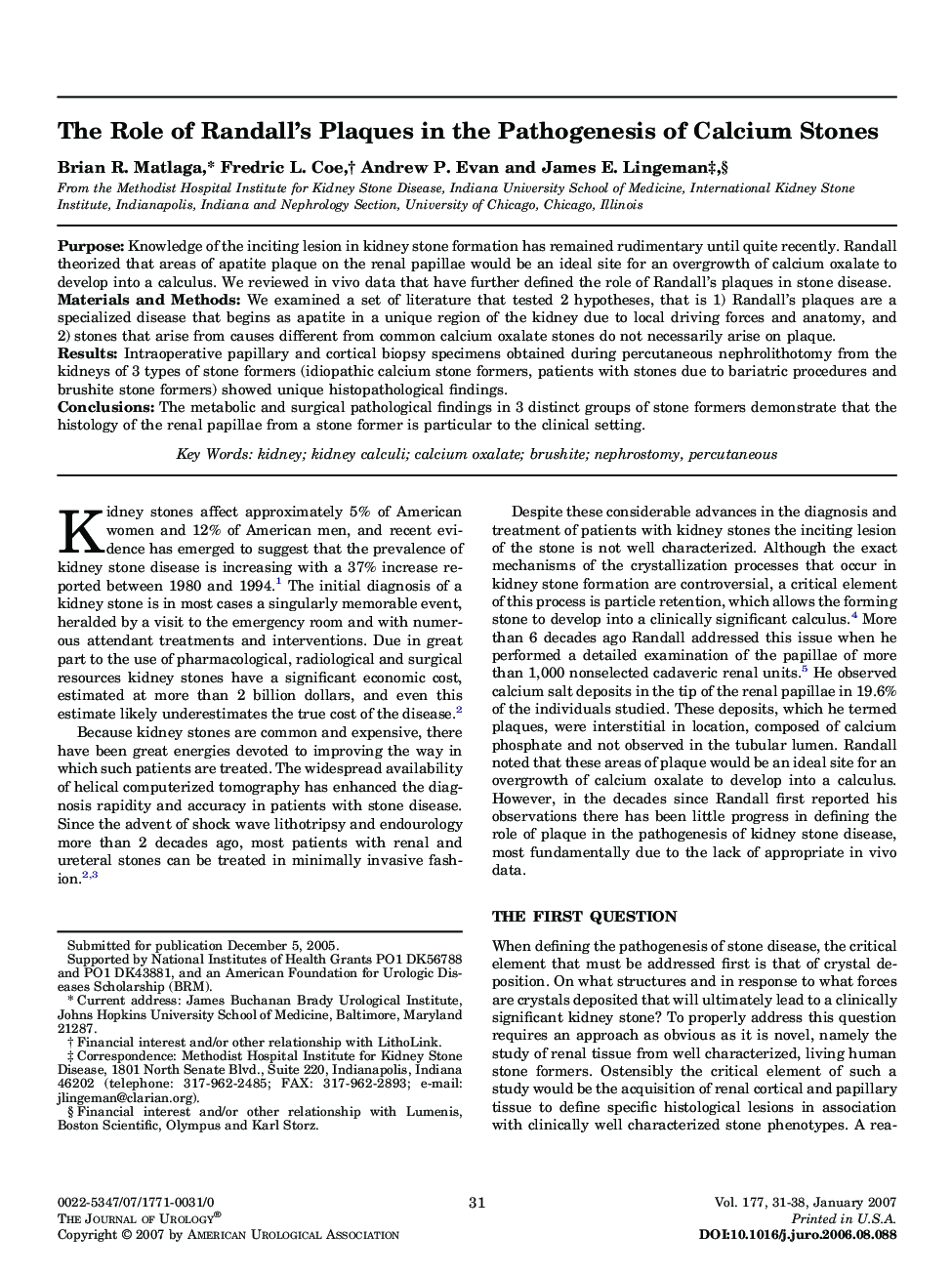 The Role of Randall’s Plaques in the Pathogenesis of Calcium Stones 