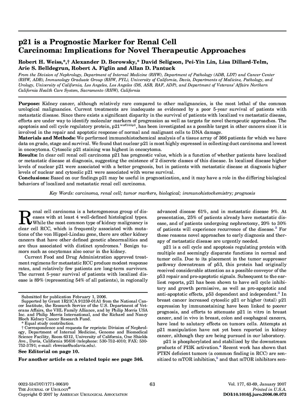 p21 is a Prognostic Marker for Renal Cell Carcinoma: Implications for Novel Therapeutic Approaches 