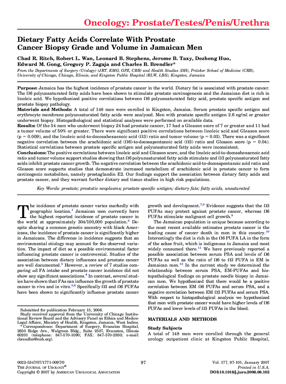 Dietary Fatty Acids Correlate With Prostate Cancer Biopsy Grade and Volume in Jamaican Men 