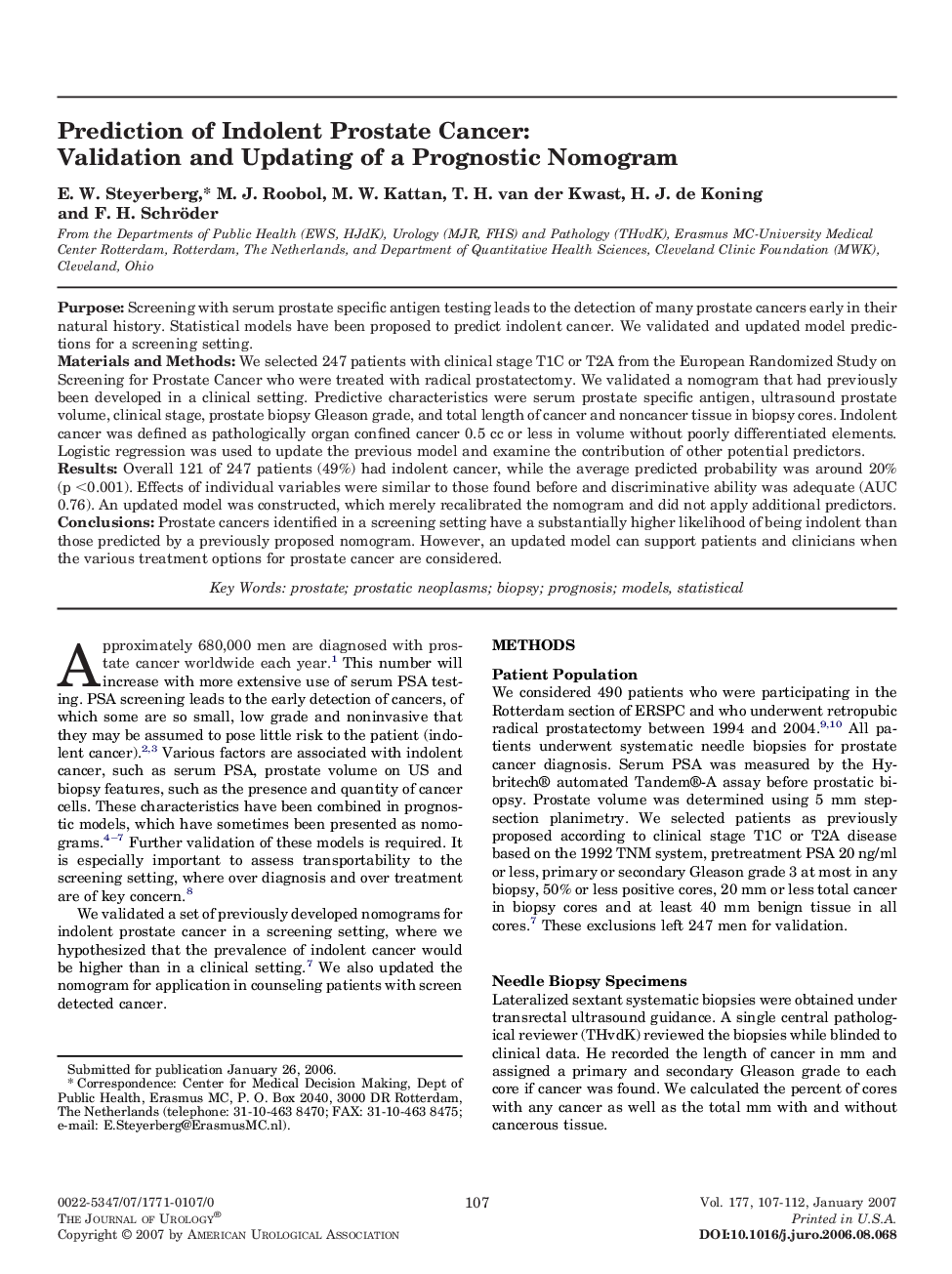 Prediction of Indolent Prostate Cancer: Validation and Updating of a Prognostic Nomogram