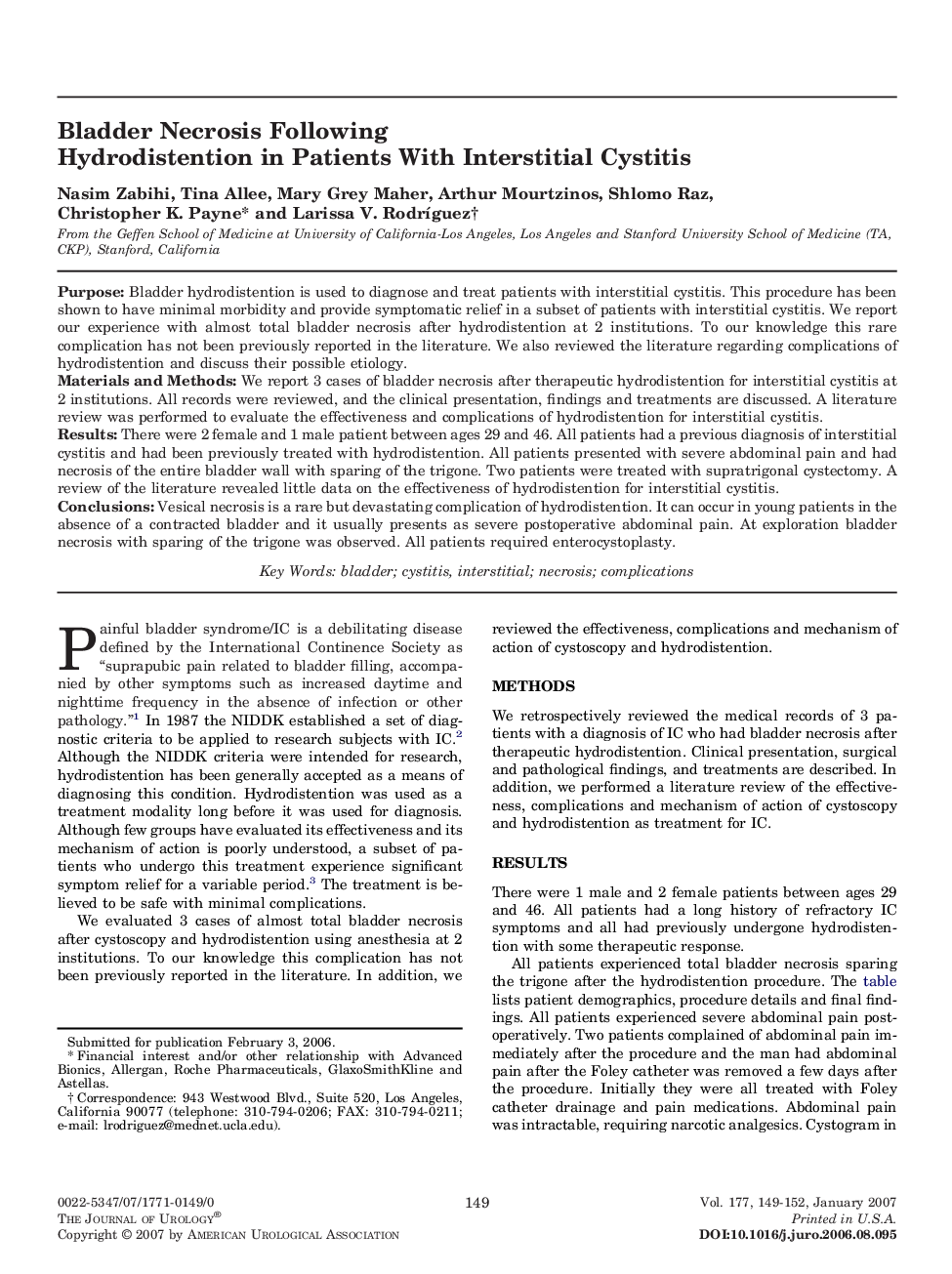 Bladder Necrosis Following Hydrodistention in Patients With Interstitial Cystitis