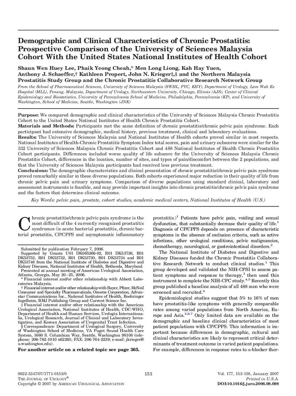 Demographic and Clinical Characteristics of Chronic Prostatitis: Prospective Comparison of the University of Sciences Malaysia Cohort With the United States National Institutes of Health Cohort 