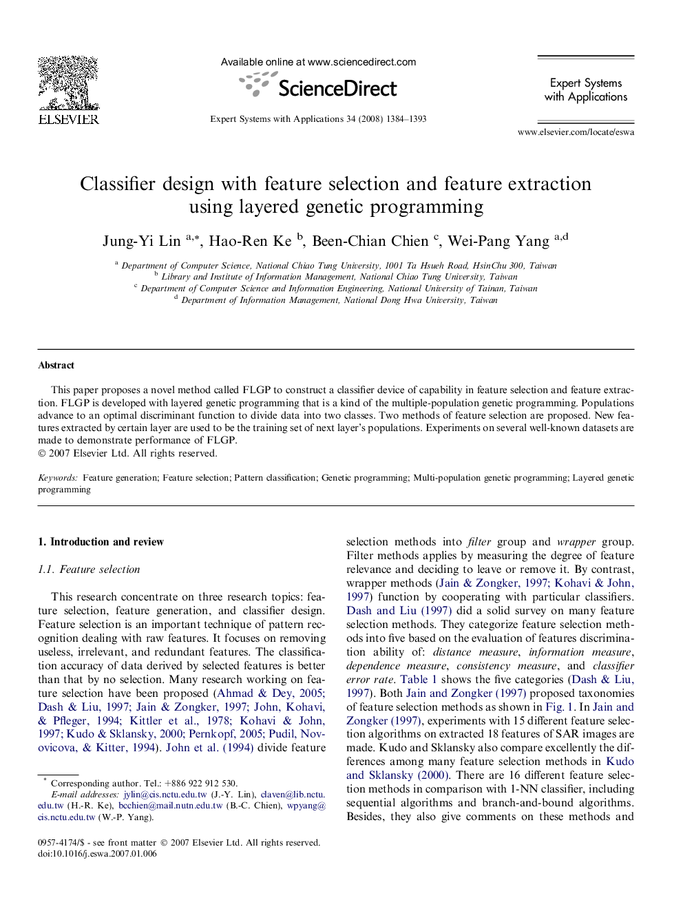 Classifier design with feature selection and feature extraction using layered genetic programming