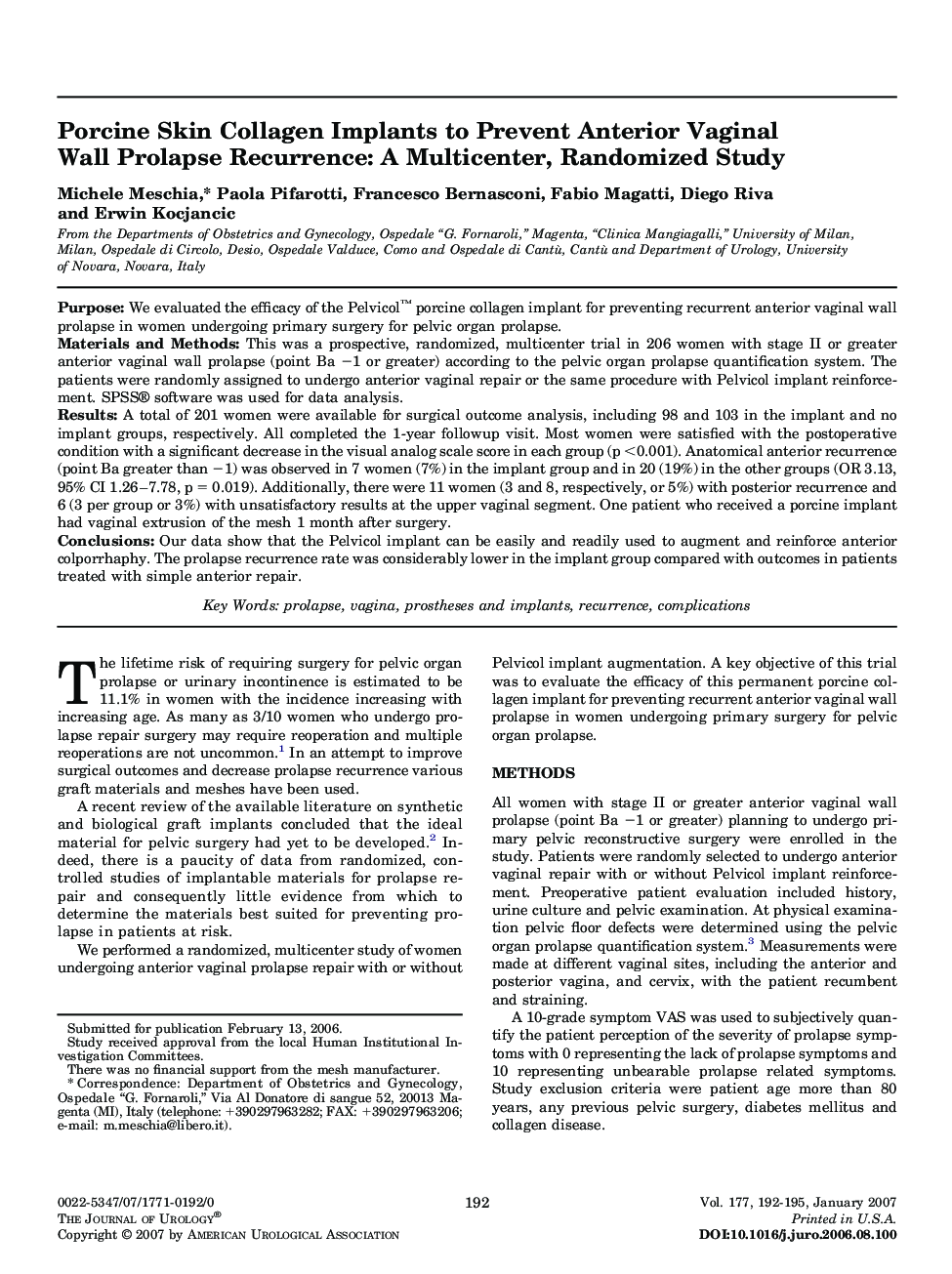 Porcine Skin Collagen Implants to Prevent Anterior Vaginal Wall Prolapse Recurrence: A Multicenter, Randomized Study 