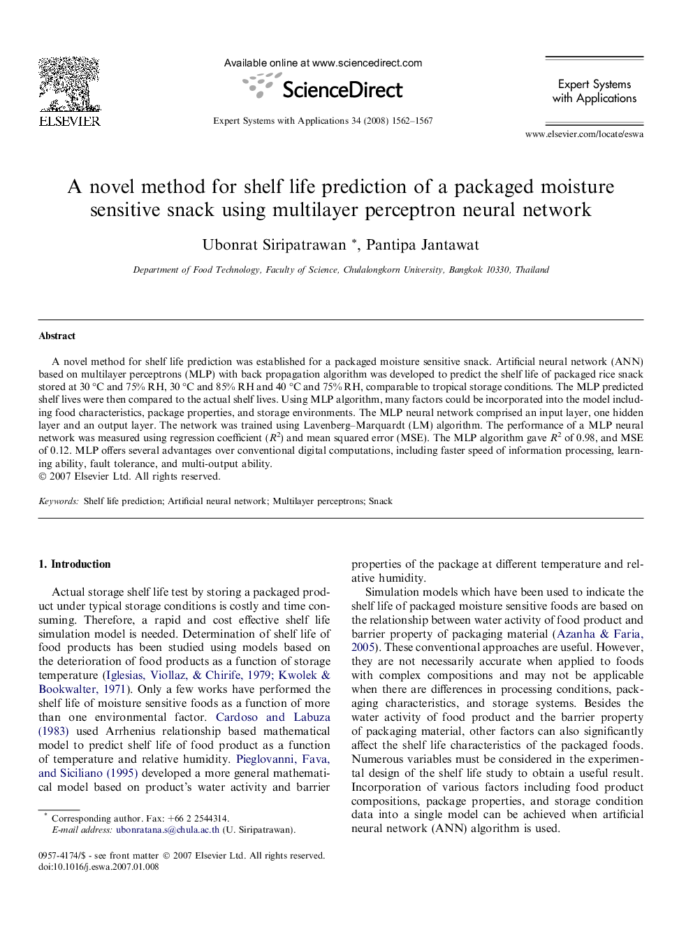 A novel method for shelf life prediction of a packaged moisture sensitive snack using multilayer perceptron neural network