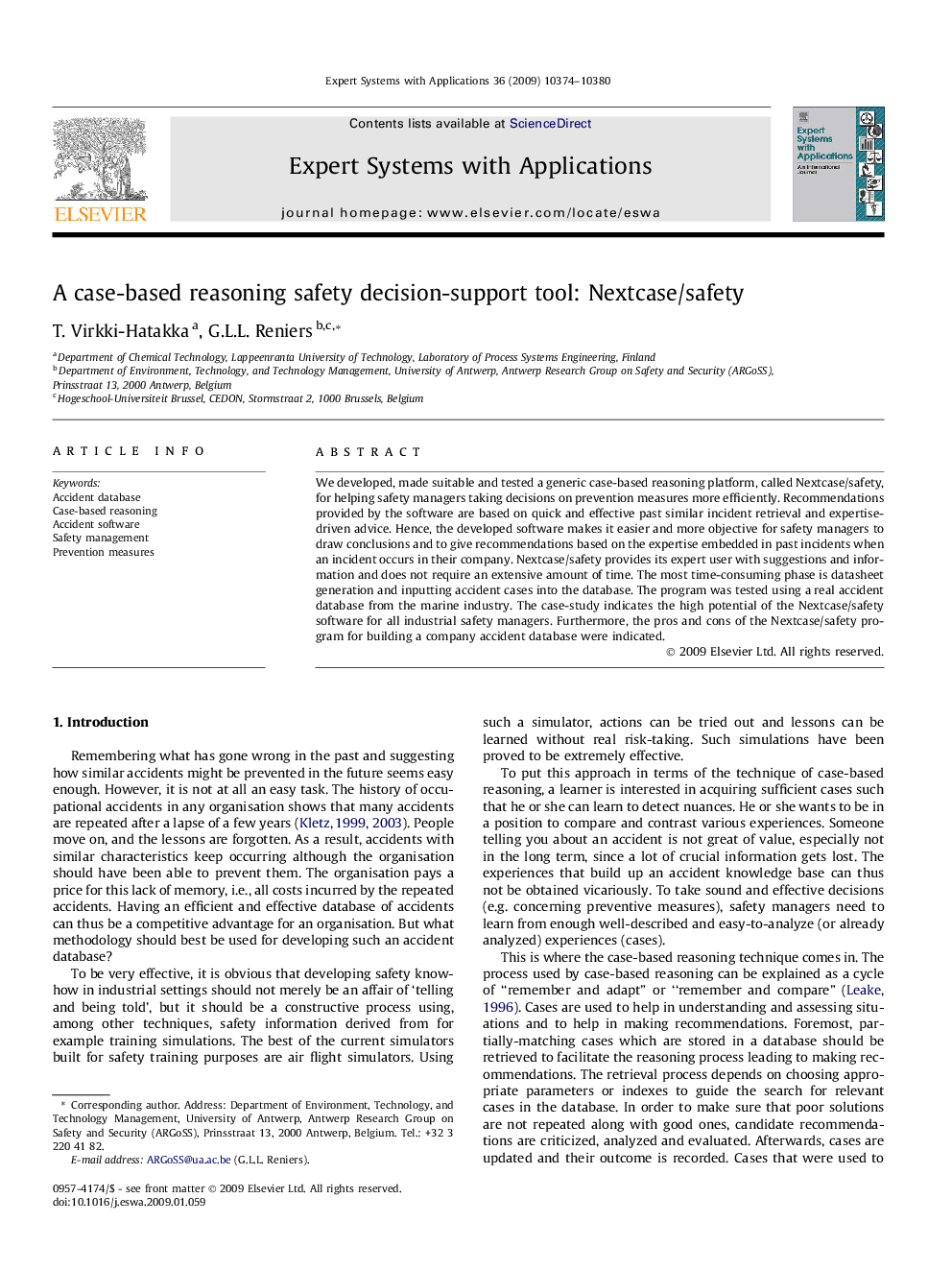 A case-based reasoning safety decision-support tool: Nextcase/safety