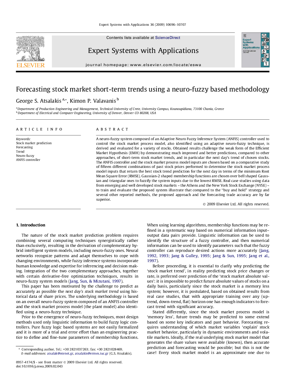 Forecasting stock market short-term trends using a neuro-fuzzy based methodology